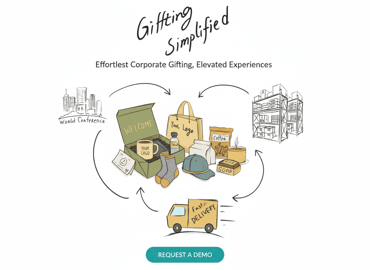 Gifting process illustration showing the flow from corporate clients to customized gifts to delivery