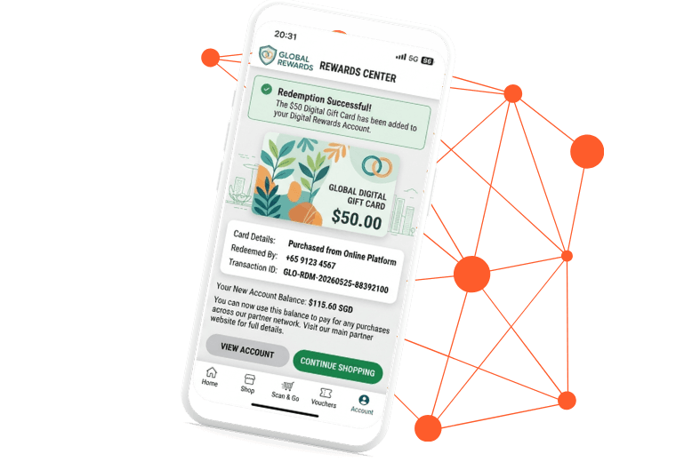 Branded e-gift card redemption shown on a phone