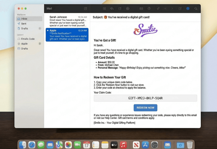 Digital gift card email with a redeem now call to action