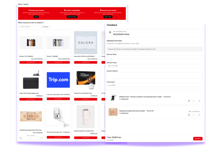 Gift redemption portal catalogue and checkout screens