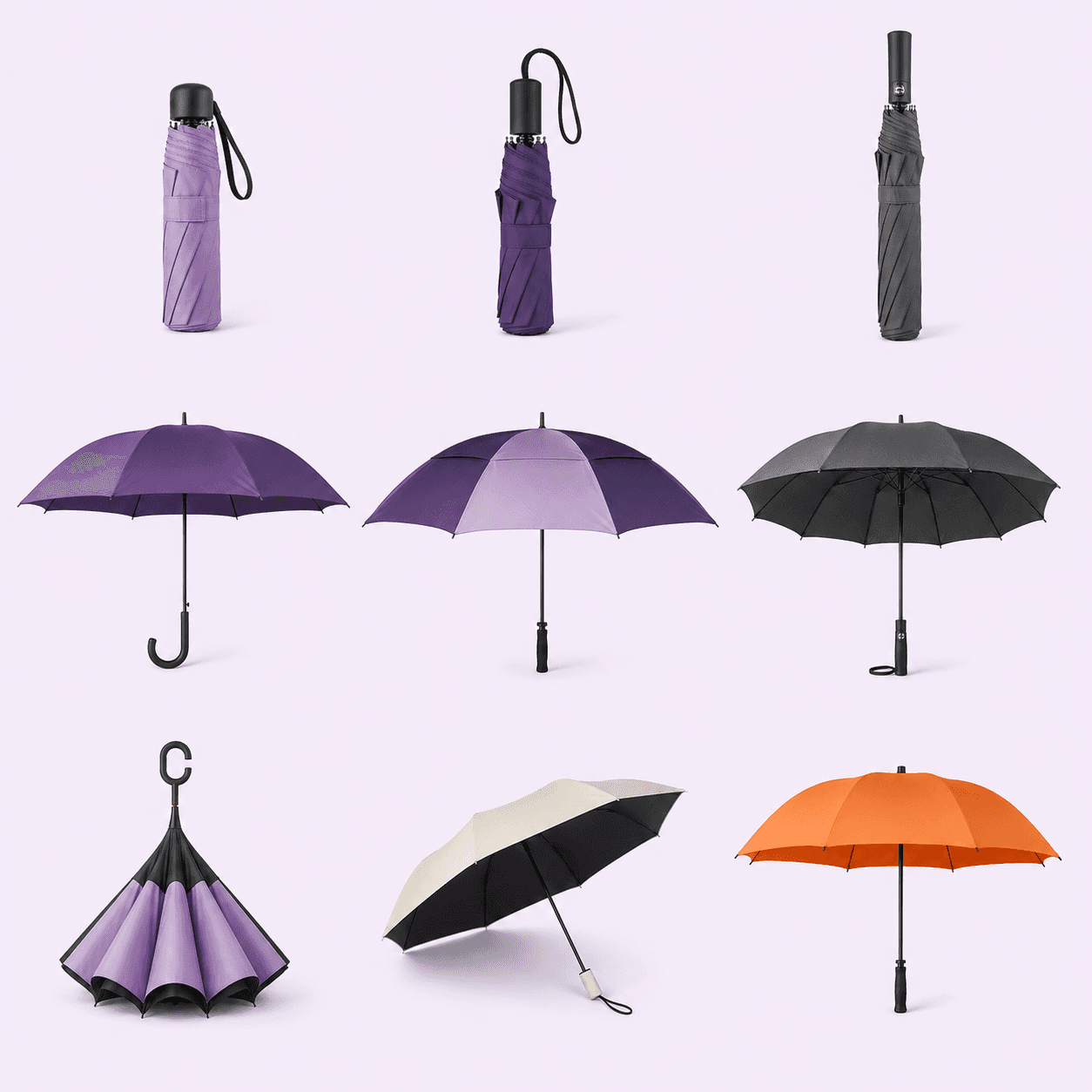 Compact folding umbrellas